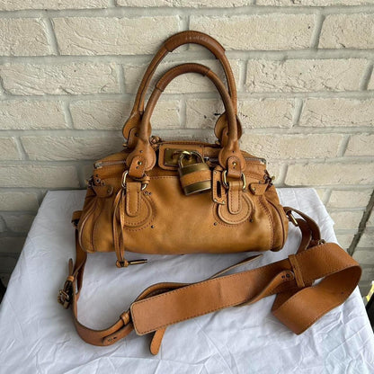 PreOwned 2000s vintage Chloe Paddington handbag in tan brown leather with long cross body/ shoulder strap (detachable).