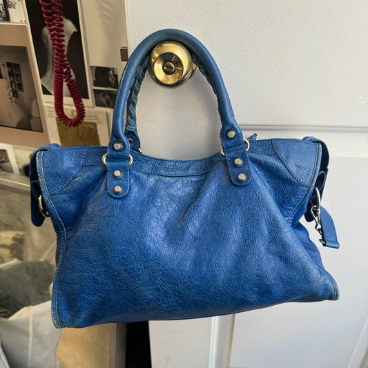 PreOwned Authentic Balenciaga city bag blue lambskin leather